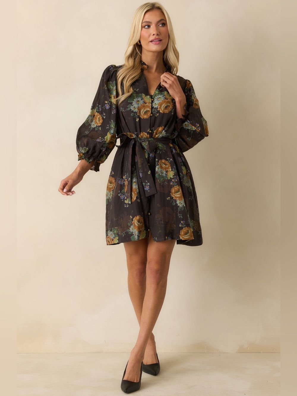 Entro Black Floral Tie-Waist Fall Mini Puff Sleeve Dress size Large